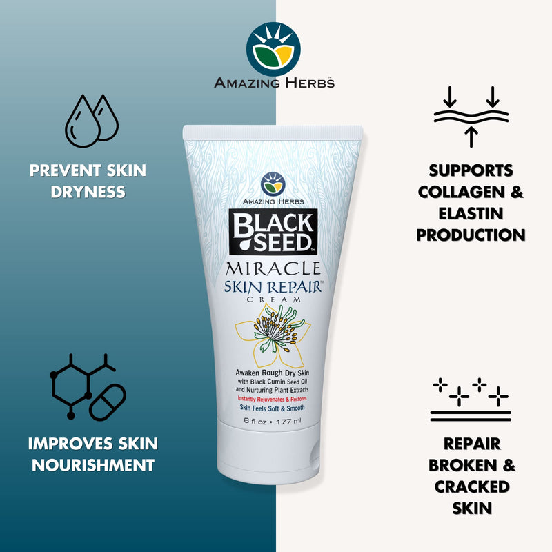 Amazing Herbs Black Seed Miracle Skin Repair Cream Non-Allergenic - 6 Fl Oz | Black Cumin Seed Oil, Vitamin E, & Plant Extracts, Supports Collagen & Elastin Production for Men & Women