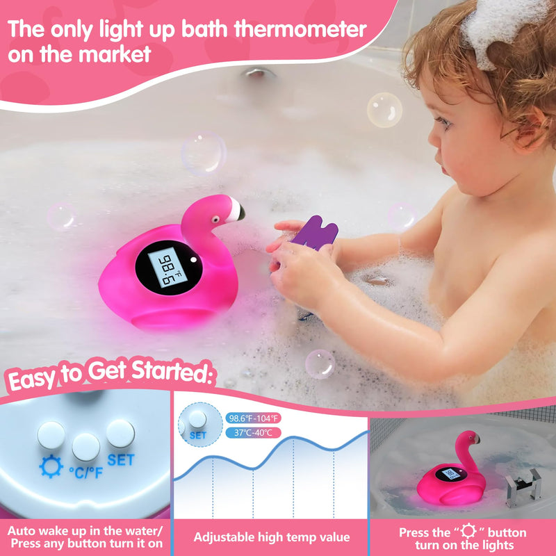 Rechargeable Baby Bath Thermometer Newborn with Light, BPA-Free Flamingo Bath Thermometer Baby Safety, IP68 Waterproof Bathtub Thermometer Floating Bath Toy,Baby Water Temp & Room Thermometer