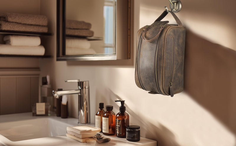 Genuine Leather Toiletry Bag for Men - Rustic Classic Vintage Handcrafted Full-Grain Leather Travel Dopp Kit with Waterproof Lining & Handle, Shaving & Grooming Kit Organizer Pouch - Rustic Brown