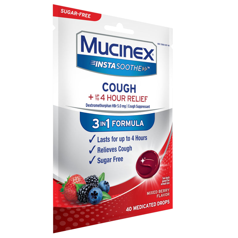 [Australia] - Mucinex Instasoothe Sugar Free Cough Drops, Cough Medicine for Adults with Dextromethorphan HBr, Non Menthol Cough Drops, Cough Suppressant Lozenges, Mixed Berry Medicated Cough Drops, 40ct 