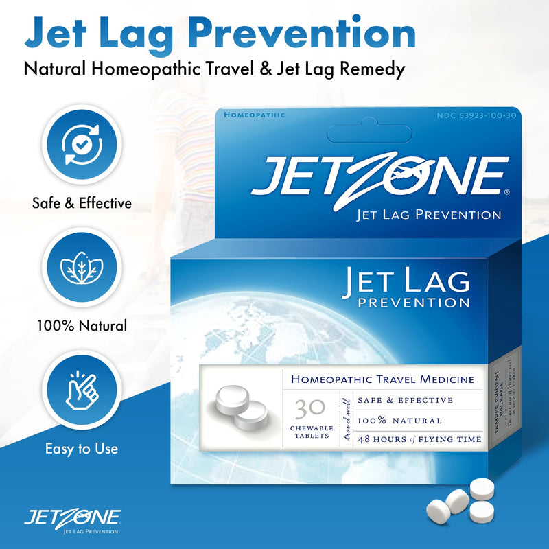 Jet Lag Remedy - Business & Vacation Homeopathic Travel Aid – Trusted for Over 18 Years - Immune – Circadian Rhythm - Fatigue – Exhaustion – Tired - Insomnia – Covers 48hrs Flying Time - 30 Chewables 30 Count (Pack of 1)