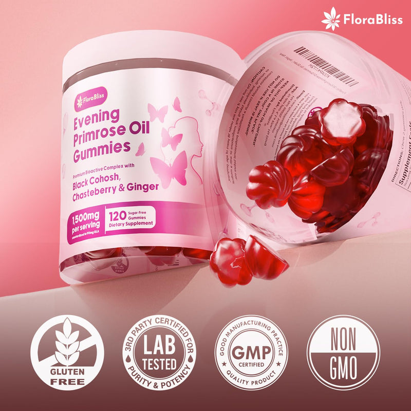 [Australia] - FloraBliss 120 Evening Primrose Oil Gummies | 1500mg | with Black Cohosh, Chasteberry, Ginger Extract for PMS & Menopause Support, Hormonal Balance | Vegan, Non-GMO, Sugar-Free 1 Count (Pack of 120) 