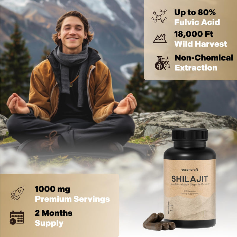 [Australia] - Organic Himalayan Shilajit Resin Extract - 1000mg Max Potency, Lab Tested Pure Shilajit for Men & Women, 85+ Trace Minerals Fulvic Acid, Immune Support, Energy, Cognition, 2 Month Supply, 120 Capsules 