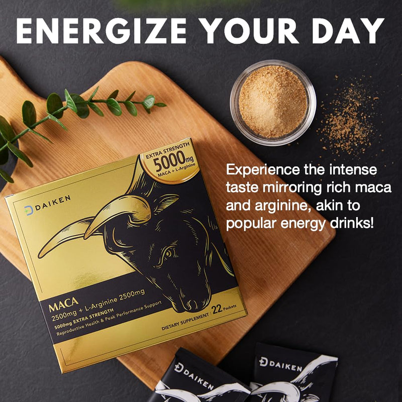 [Australia] - DAIKEN Peruvian Maca Root Powder Extra Strength 15,000 mg, Gelatinized Black, Red, Yellow Maca Blend with L-Arginine (2,500 mg) for Men and Women, Superior Absorption, Vegan, Lab Tested - 22 Packets 