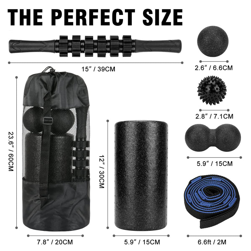 Foam Roller Set - High Density Back Roller, Muscle Roller Stick | Foot Fasciitis Ball, Stretching Strap, Massager Ball for Whole Body Physical Therapy & Exercise, Back Pain, Leg, Deep Tissue 12-inch Foam Roller