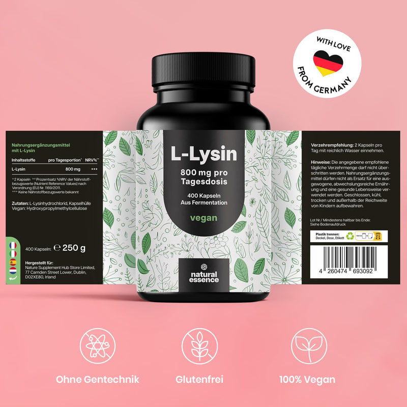 [Australia] - High-dose L-lysine - 400 capsules - 800 mg of pure L lysine per serving - From plant-based fermentation - Lysine capsules popular with herpes - Vegan and original produced in Germany 