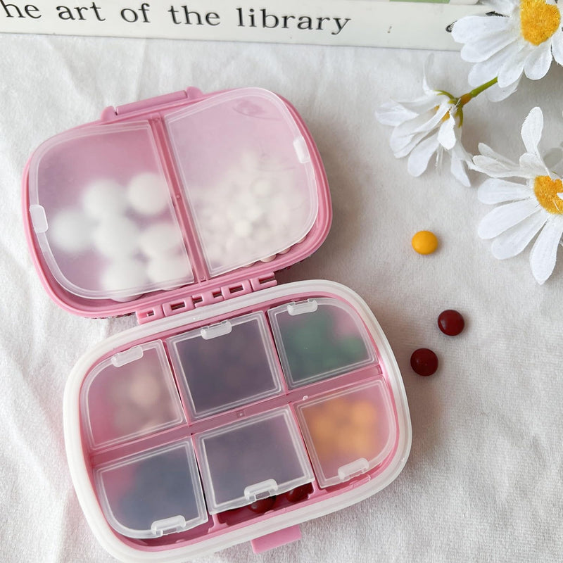 Bling Pill Case for Purse Medicine Vitamin Container Holder with Stickers | Pocket Pill Case Round Medicine Organizer for Vitamin/Fish Oils/Supplement Travel Medicine Kit 8 Compartment Pink
