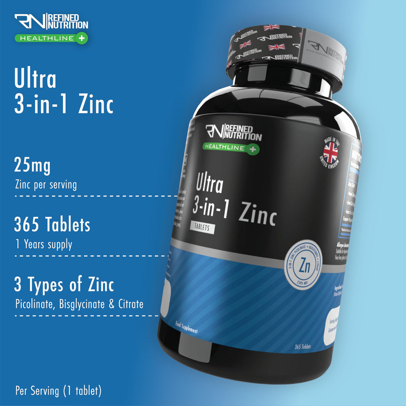 Refined Nutrition Ultra 3-in-1 Zinc Tablets | 25mg High Strength Zinc Picolinate, Bisglycinate & Citrate with Copper | 365 Vegan Supply (1 Year) | Immune System & Skin Support | UK Made 365 count (Pack of 1)
