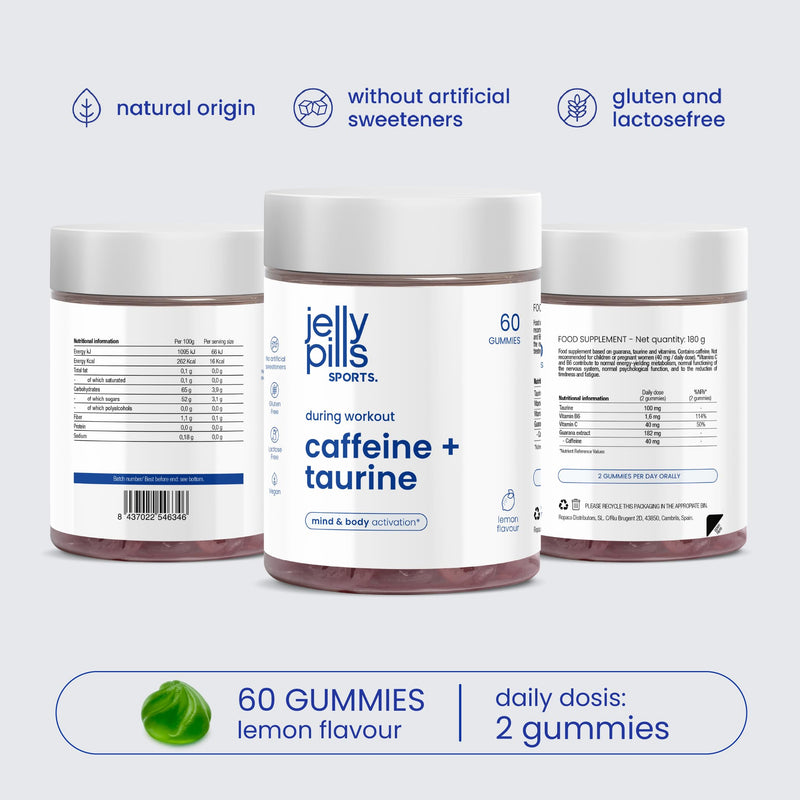 Jelly Pills Sports Caffeine Gummies with Taurine and Guarana - 60 Vegan Gummies - No Added Sugar - Lemon Flavour - Focus & Energy Before Training