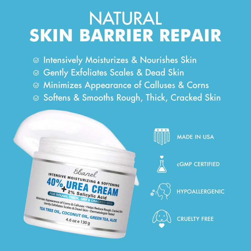 Ebanel Urea Cream 40% plus Salicylic Acid 2% for Dry Cracked Feet Skin, 2PK | Deeply Moisturizes & Softens Dry Cracked Heels, Feet, Knees, Elbows, Hands, Rough Dead Skin Callus Remover Toenail Softener 4.6 Ounce (Pack of 2)