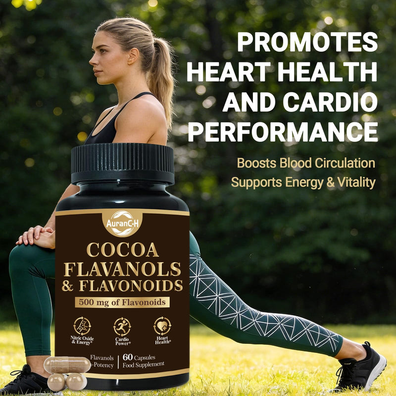 High Flavanol Cocoa Powder, Cocoa Cardio Health Supplement, 500mg Cocoa Flavanols, Support Heart Health, Boost Nitric Oxide, Blood Circulation, Energy, Vegan, Dark Chocolate, 60 Capsules