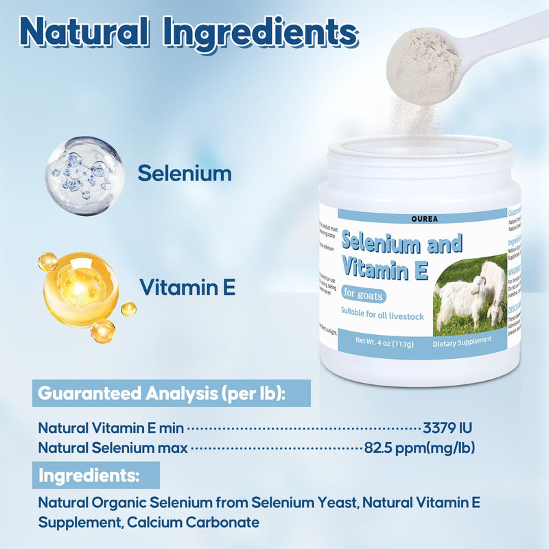 Selenium & Vitamin E Powder for Goat, Selenium Supplement for Goats, Immune System, Muscle Support & Relieve Stress Response, Selenium, Vitamin E Supplements, Goat Minerals, Suitable for All Livestock
