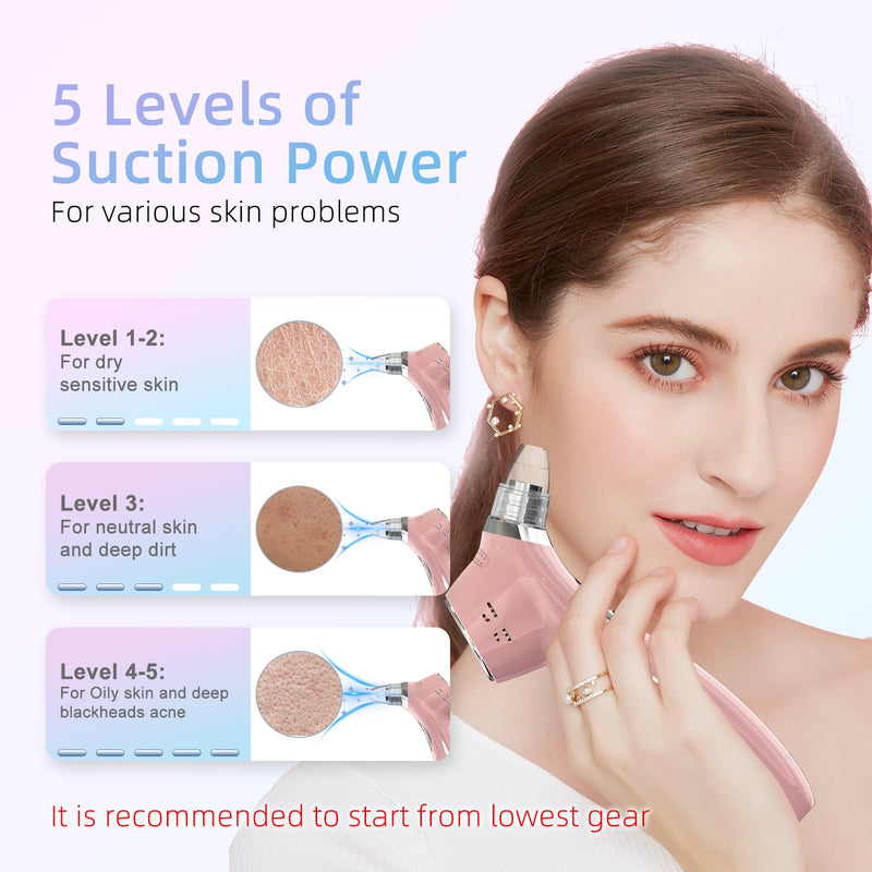 Blackhead Remover Vacuum Facial Pore Cleaner Electric Comedone Whitehead Extractor 5 Suction Probes and 5 Suction Levels Rechargeable Black Heads Remover Tools for Women & Men Facial Skin Care (Pink) Pink