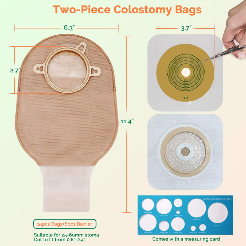 [Australia] - 21 PCS Colostomy Bags Two Piece Ostomy Bag Ostomy Supplies Drainable Pouches with Closure for Ileostomy Colostomy Urostomy Stoma Care Cut to Fit (15 PCS Bags+6 PCS Barrier) Skin(15 Pcs Bags+6 Pcs Barrier) 