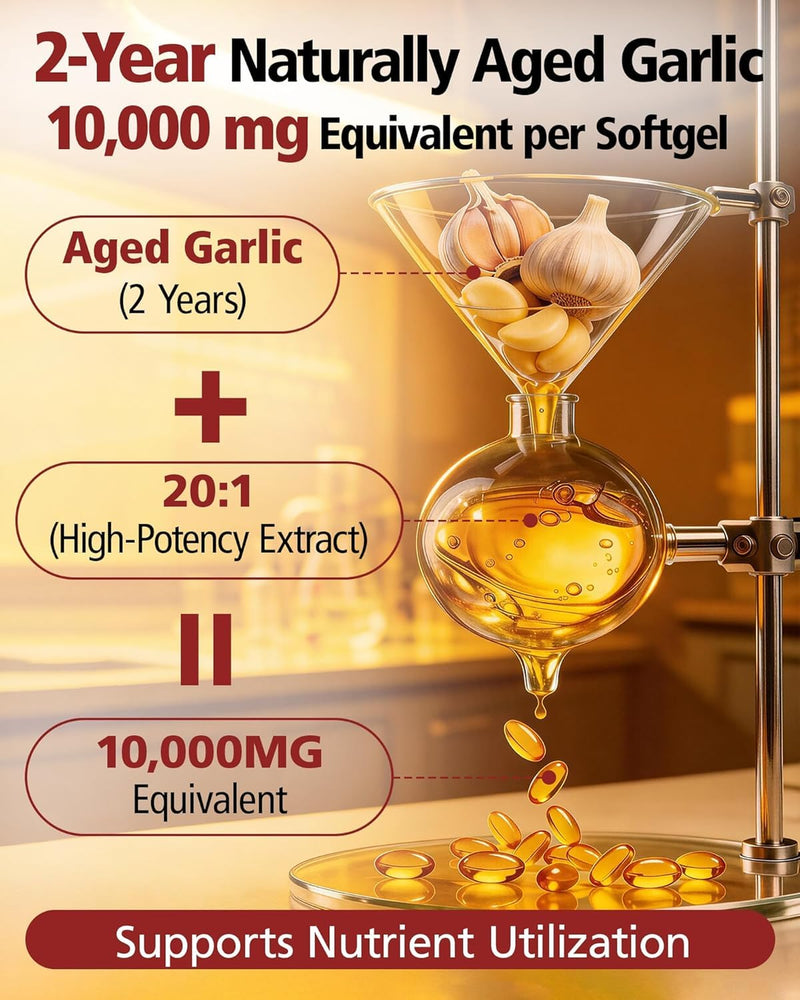Aged Garlic Extract Odorless Softgels, 20:1 Concentrate, Daily Immune & Heart Health Support, 2 Year Aged Garlic Supplements for Men & Women, 300 Count 300 count (Pack of 1)