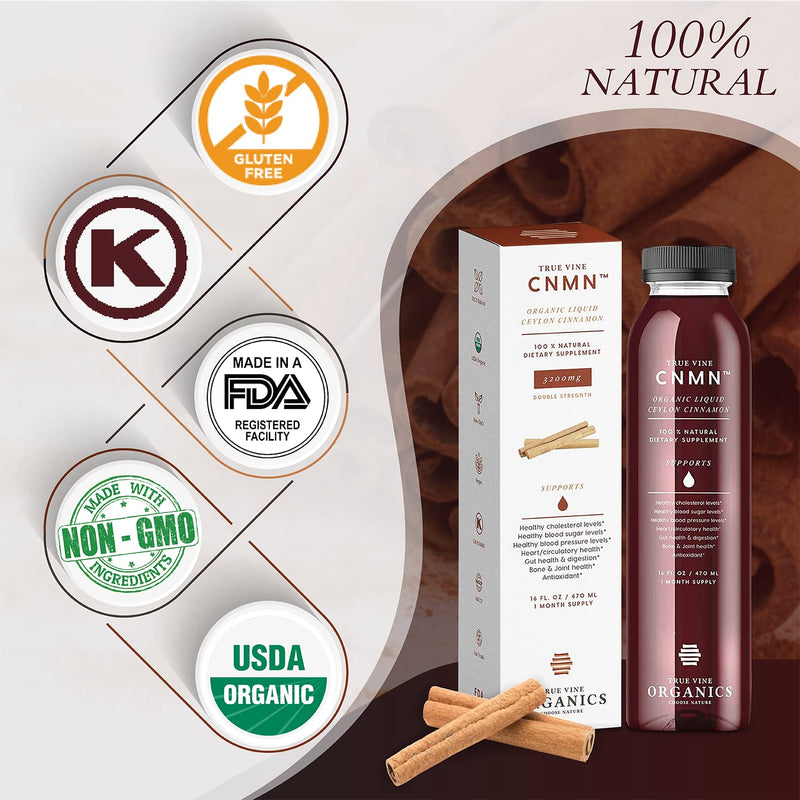 [Australia] - True Vine 3200mg Liquid Ceylon Cinnamon Supplement (Made in USA) for Healthy Heart, Blood Pressure, Sugar, Cholesterol, Gut & Joints — 100% Organic Ceylon Cinnamon to Fight Free Radicals (16 fl oz) 