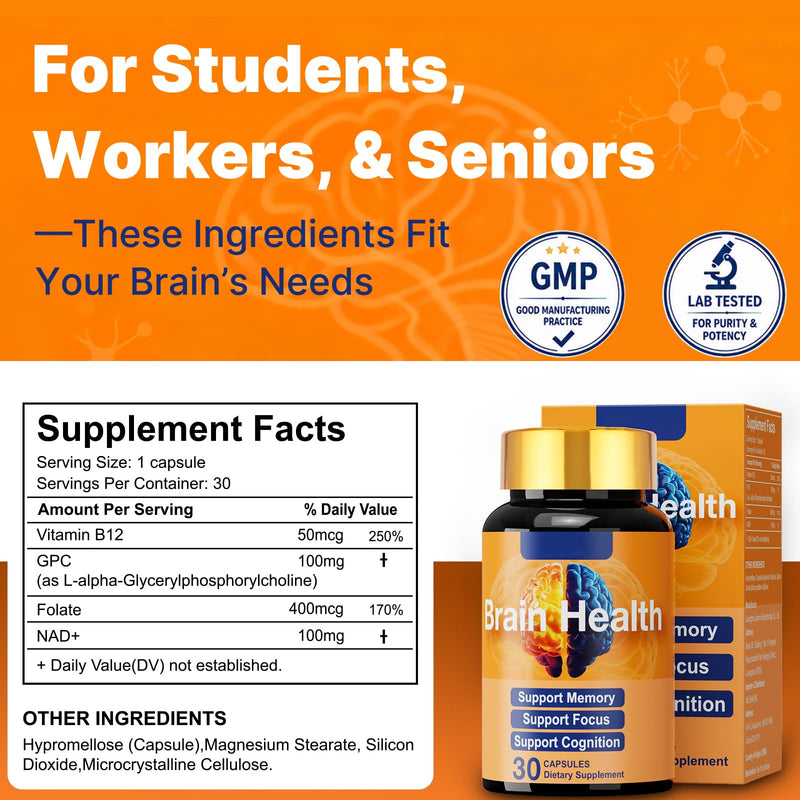 Brain Supplement for Memory and Focus, with NAD+ GPC Folate & Vitamin B12 | Brain Health Nutrition for Daily Cognitive & Brain Wellness, Mental Clarity Support, Improves Concentration 30 Capsules