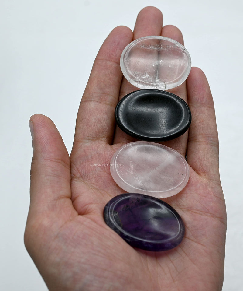 Amazing Gemstone Set of 4 Thumb Worry Rubbing Stone for Anxiety Healing ~ Amethyst, Rose Quartz, Clear Quartz, Black Agate Oval Cabochon Stone ~ Easy to Carry Natural Crystal Pocket Palm Stone