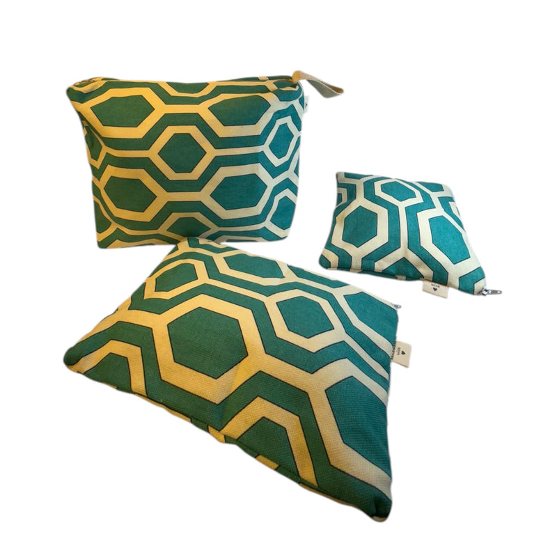 Geometric Pattern Cosmetic Bag Set, 3-Piece Canvas Travel Organizer with Zipper, 9.5x7x4 inches
