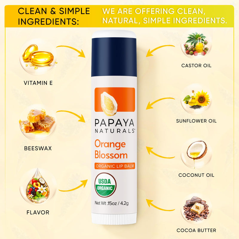 Papaya Naturals USDA Organic Lip Balm Set, 6 Pack – Organic Beeswax, Cocoa Butter & Vitamin E Lip Balm for Dry Lips – Moisturizing Natural Lip Care with Assorted Fruit Flavors