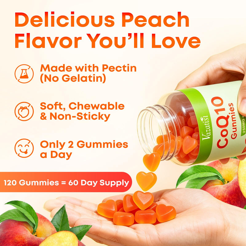 2 Pack CoQ10 Gummies 250 mg, Plus Omega-3, Magnesium, Vitamin B12 for Cellular Energy, Brain & Antioxidant, 5X Better Absorption Coenzyme Q10 Supplement - 120 Cts Peach 60 Count (Pack of 2)