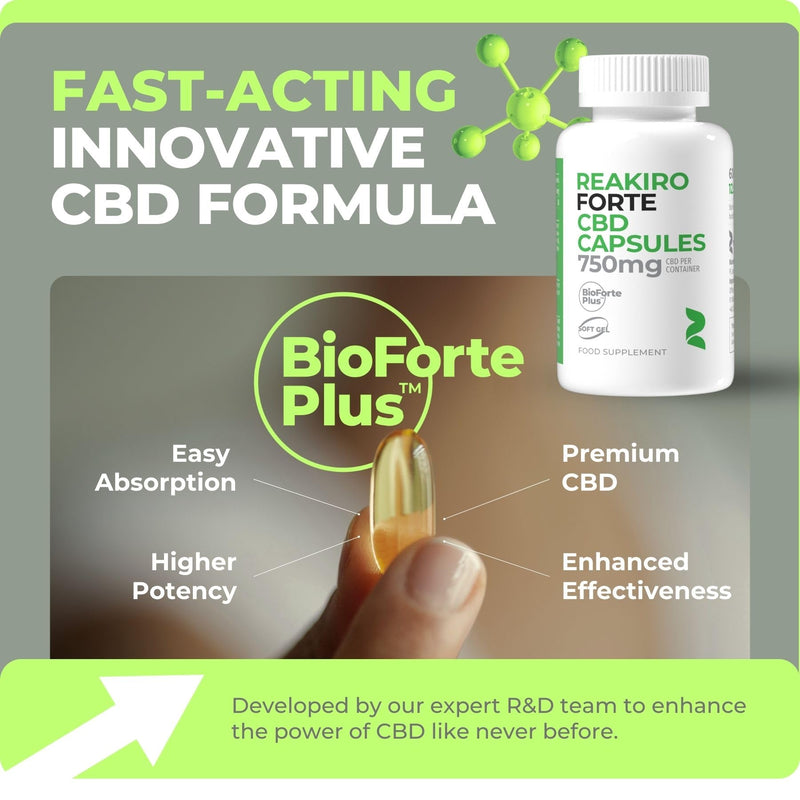 Reakiro Forte CBD Soft Gel Capsules 750mg 60pcs | Fast-Acting CBD Capsules with BioForte Plus | 12mg Cannabidiol Oil per Capsule I High Strength | Stress & Anxiety Relief