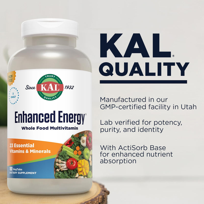 KAL® Enhanced Energy Multivitamin | Whole Food Based Vitamins & Minerals w/ Antioxidants, Digestive Enzymes & Natural Carotenoids | 180 Capsules 180 Count (Pack of 1)