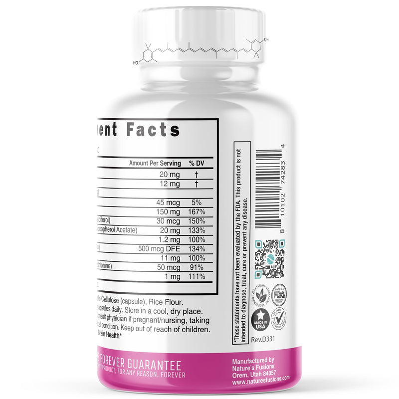 Nature's Fusions Nutri Lutein 20mg Eye Vitamins Complex - Triple Carotenoid Formula - Lutein and Zeaxanthin - Contains Zinc, Vitamins A,C,D3,E, Folate - 60 Capsules - Eye Health Supplements 60 Count (Pack of 1)
