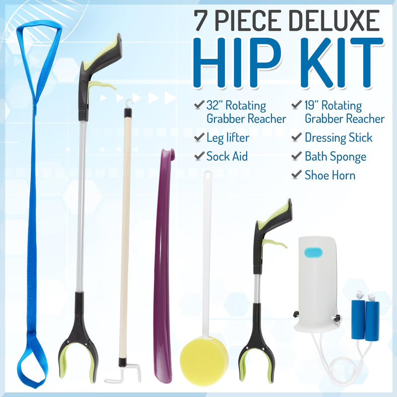 [Australia] - Mars Wellness 7 Piece Deluxe Hip Kit, Hip Replacement Kit After Surgery - Leg Lifter, Sock Aid, 2 Rotating Grabber Reacher, Dressing Stick, Shoe Horn, Bath Sponge - Knee Replacement Recovery Aids Deluxe Premium 7 Piece Kit 