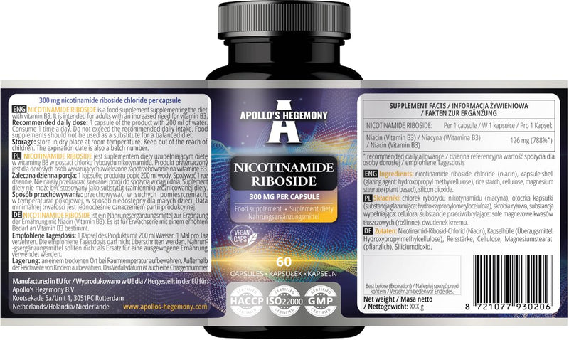 Nicotinamide Riboside (NR) 300 mg - 60 Niacin Vegan Capsules - 2 Months Supply - NAD+ Precursor - Vitamin B3 Supplement to Support Energy Metabolism and Reduce Tiredness - by Apollo's Hegemony