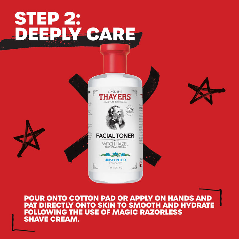 Smooth Skin Superstars: Magic Razorless Shave Cream with Shea Butter and Thayers Alcohol-Free Unscented Toner with Witch Hazel, Hair Removal Routine for Smooth and Bump-Free Skin All Over Body