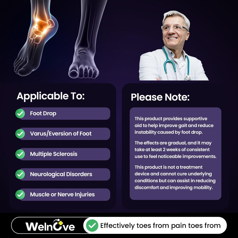 Welnove Drop Foot Brace with Arch Support, AFO Ankle Brace for Walking, Relieves Instability of Lower Limbs by Foot Drop, MS, TBI, Spinal Cord Injury, Cerebral Palsy (Purple, Rigid Support)