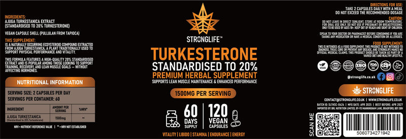Turkesterone Capsules 1500mg | Muscle Growth, Strength & Recovery Support | 20% Extract | 120 Capsules – 60 Day Supply for Men & Women