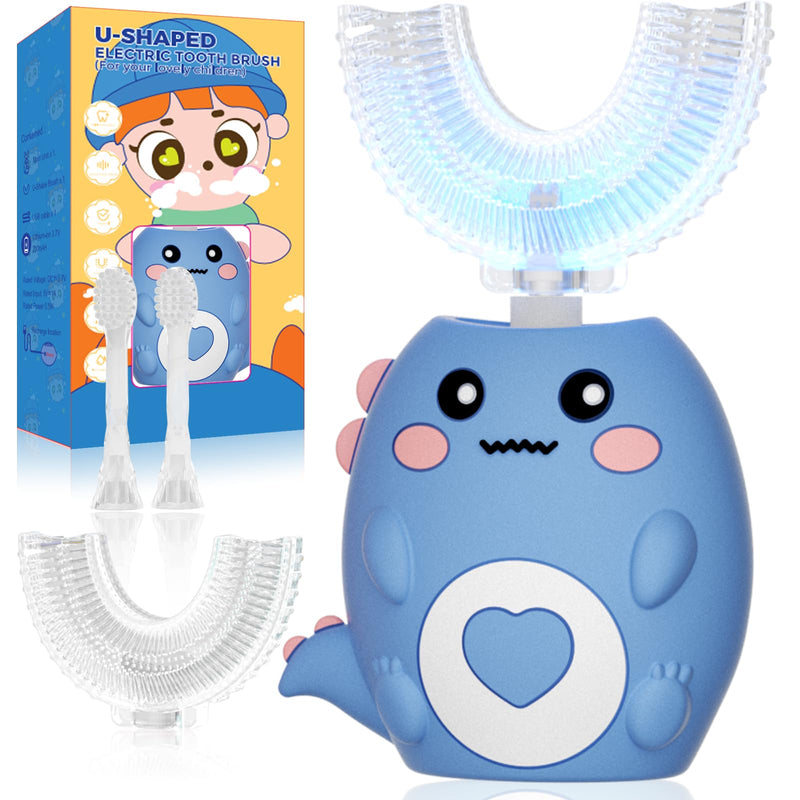 Kids U Shaped Electric Toothbrush, with 3 Cleaning Modes, with 4 Brush Heads, 360° Sonic Automatic Toothbrush, IPX7 Waterproof Cartoon Dinosaur Design (Ages 2-12) Dark Blue