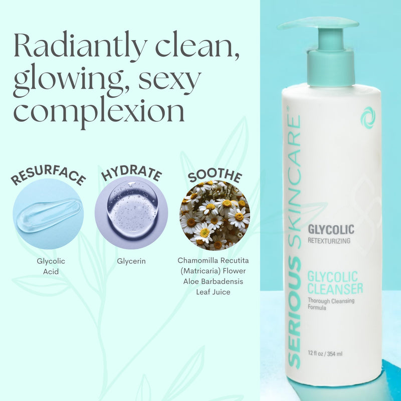 Serious Skincare Glycolic Cleanser - Skin Exfoliating Face Wash - 10% Glycolic Acid - Deep Pore Purifying - Removes Makeup, Oil, Blackheads and Impurities - Shave Prep - Anti-Aging 12 Fl. Oz. 12 Fl Oz (Pack of 1)