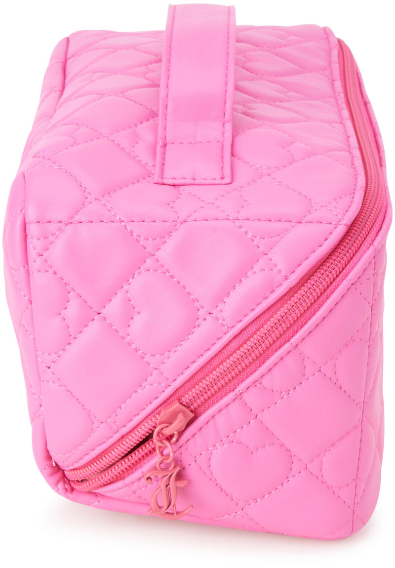 Juicy Couture Pink Makeup Bag Cosmetics Organizer Travel Essentials Cross Zip Faux Leather Quilted Heart