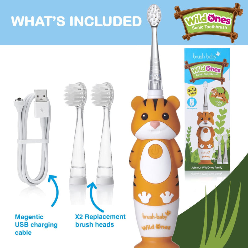 [Australia] - brush-baby WildOnes Kids Electric Rechargeable Toothbrush TIGER, 1 Handle, 3 Brush Heads, USB Charging Cable, for Ages 0-10 (Tiger) 