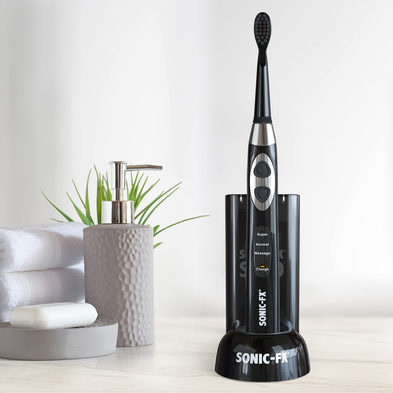 Sonic-FX Solo Electric Toothbrush - 3 Brushing Modes - with Intelligent Auto-Timer, Includes 2 Tooth Brush Heads, and 1 Interdental Head, Rechargeable, Electronic Charging/Storage Base (Black) 3 Pack - Black