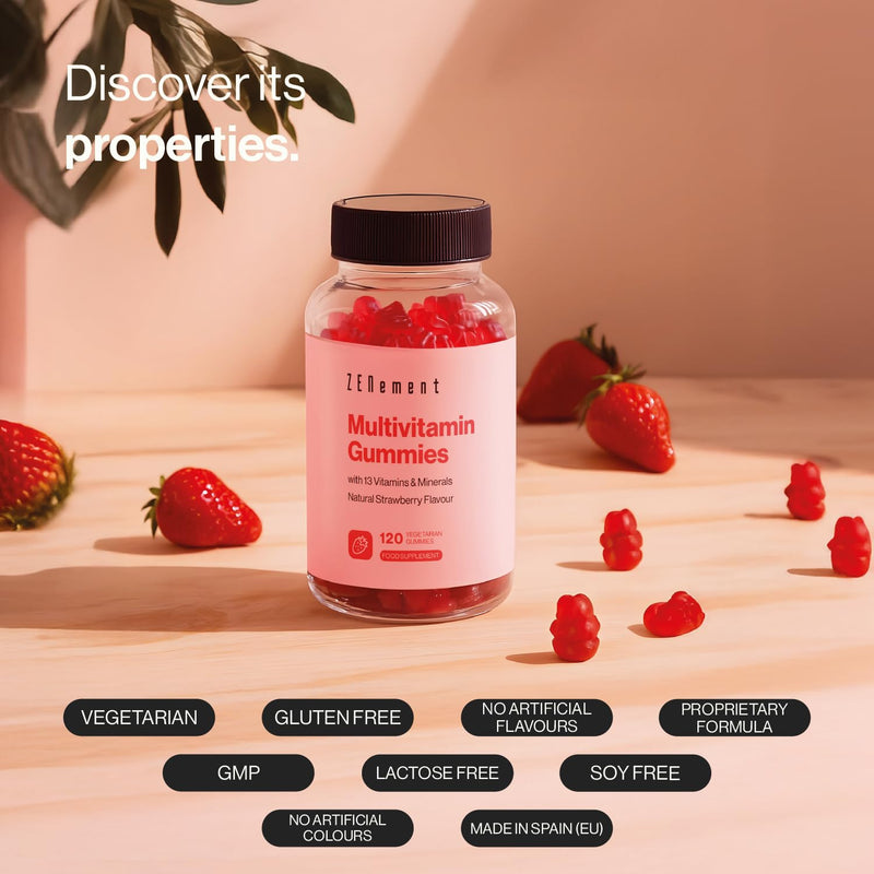 Multivitamin Gummies, with 13 Vitamins & Minerals, 120 Vegetarian Gummies | Natural Strawberry Flavour | with 13 Vitamins & Minerals | Gelatin Free, Vegetarian, Gluten Free | Zenement