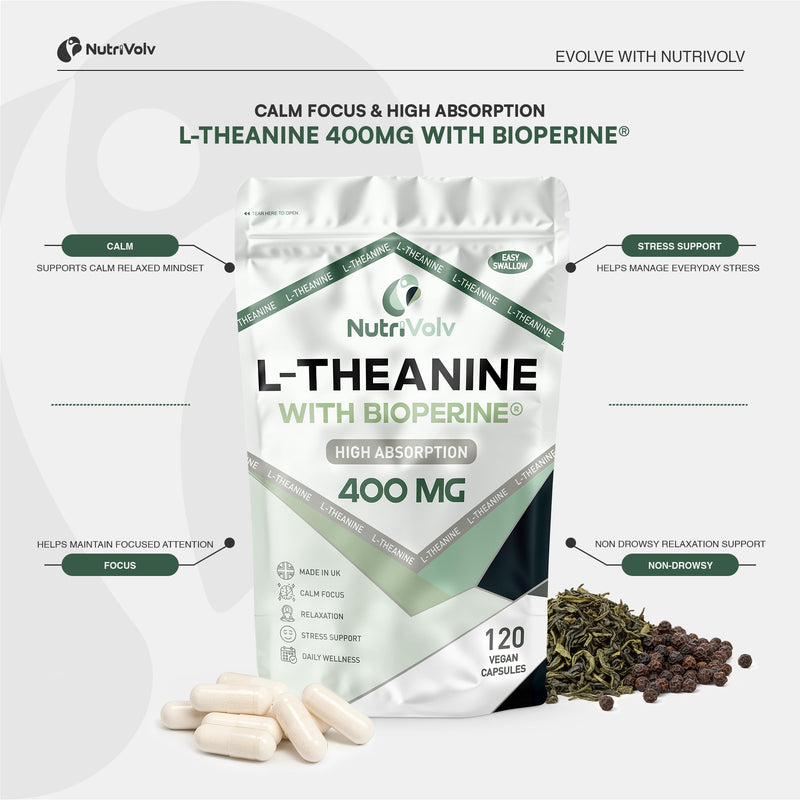 L-Theanine 400mg with BioPerine® | 120 Vegan Capsules | High Absorption & Bioavailablity L Theanine | Enhanced Sleep at Night | Boost Focus & Relieve Stress | 4 Months Supply | UK Made | by NutriVolv