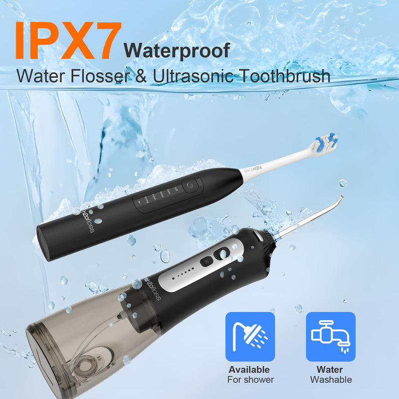 [Australia] - H2ofloss Sonic Electric Toothbrush and Water Flosser Combo, Rechargeable 2000mAh Toothbrush and 2500mAh Oral Irrigator with 300ml Tank, 4 Brush Heads, 5 Nozzles, 2 in 1 for Home and Travel (Black) Black 