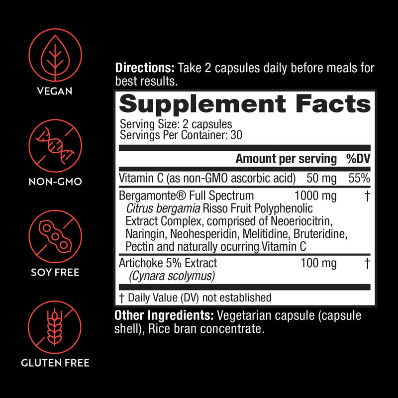 [Australia] - 1000mg Extra Strength Citrus Bergamot Supplement, Patented Bergamonte®, Clinically Proven, Supports Healthy Cholesterol, Formulated with Vitamin C and Artichoke Extract, 60 Capsules 