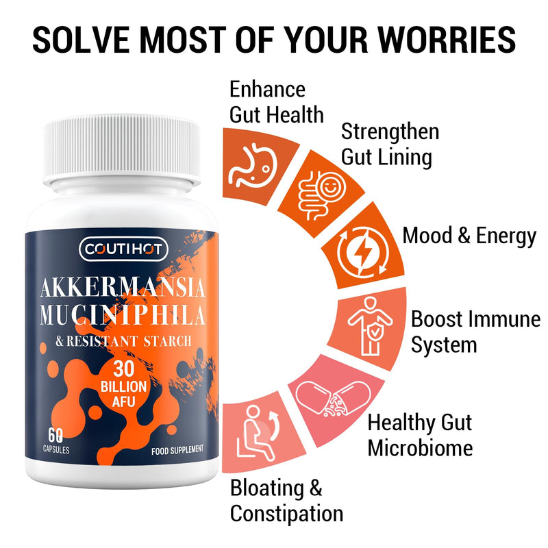 Akkermansia Muciniphila Probiotic 30 Billion AFU, Gut Health & Microbiome Support, Advanced Probiotic Supplement, 60 Capsules 60 count (Pack of 1)