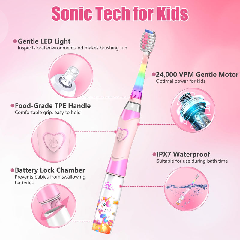 [Australia] - Kids Electric Toothbrush Toddler Toothbrush Age 2-4-8-12 Electric Toothbrush Kids with Timer Rainbow LED Light Up Vibrating Toothbrush Battery Operated Childrens Girls Sonic Tooth Brush (Pink Unicorn) Unicorn Pink 