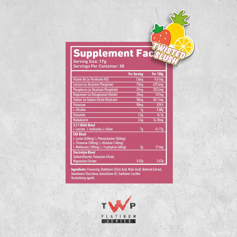 TWP Nutrition Platinum Series Endure, EAAs & BCAAs Electrolyte Blend Pre, Intra and Post Workout, Zero Sugar, 510g and 30 Servings, 20 Great Flavours (Twisted Slush) Twisted Slush