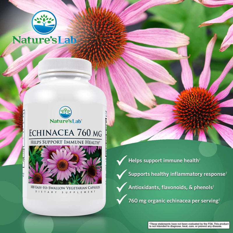 [Australia] - Nature's Lab Echinacea 760mg Dietary Supplement - Powerful All Natural Immune System Support - Non-GMO, Gluten Free - 100 Capsules (50 Day Supply) 