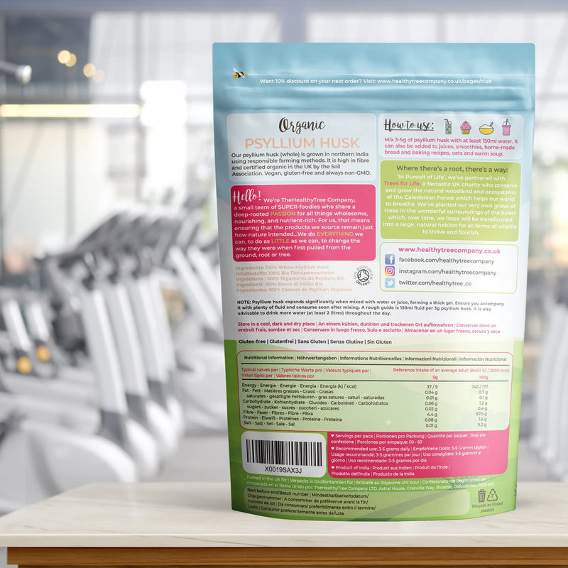 Organic Psyllium Husk (Whole) by TheHealthyTree Company - High Fibre Prebiotic - Pure Vegan Organic Psyllium Husks (250g) 250 g (Pack of 1)