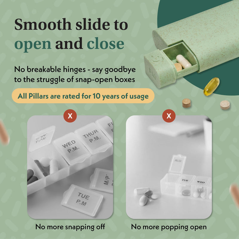 Pillar AM/PM Pill Box Organizer Two Times a Day - Aesthetic Weekly Pill Box | Perfect for daily use & travel, Day and Night trays, Sage Green, Great as a vitamin organizer or supplement organizer Pillar AM/PM - Twice a Day