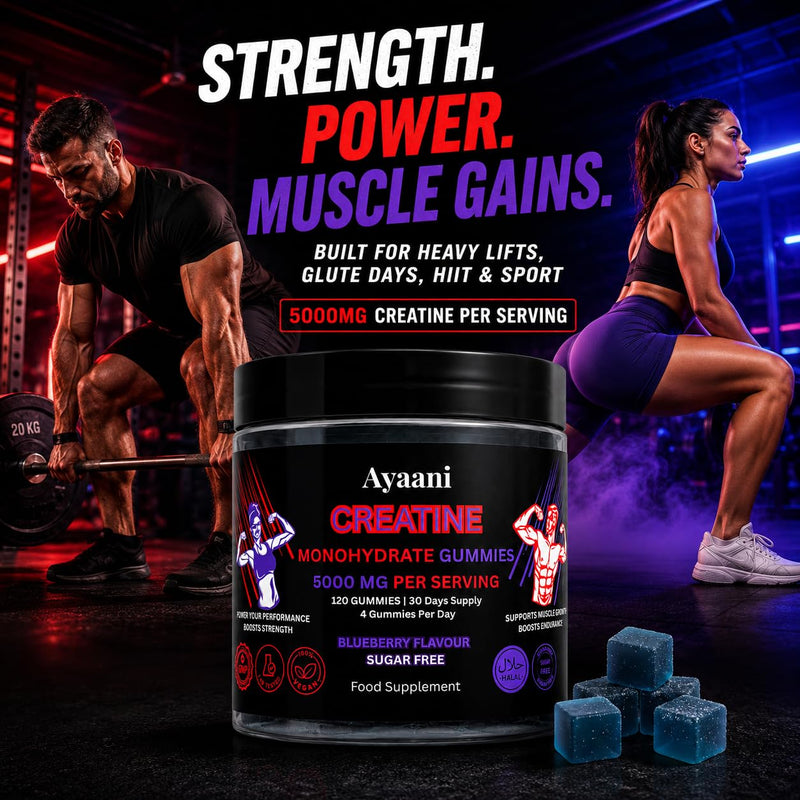Creatine Gummies 5000mg | Real 5g Lab-Tested Creatine Monohydrate Dose | Sugar Free Vegan Halal Blueberry Gummies | No Powder, Scoop or Shaker | Strength, Power & Muscle Gains | 120