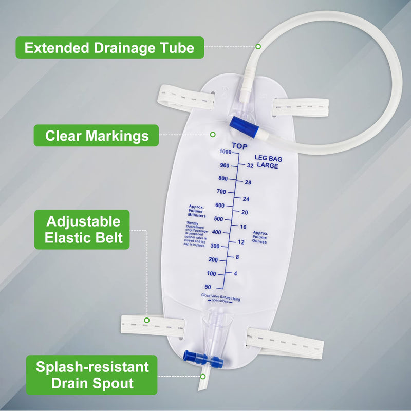 [Australia] - 3 Pack Easy-Tap Catheter Leg Bag Urinary Drainage Bag, 1000ml, Anti-Reflux Valve, Cloth Straps, Easy Flip Drain ，18” Tubing 